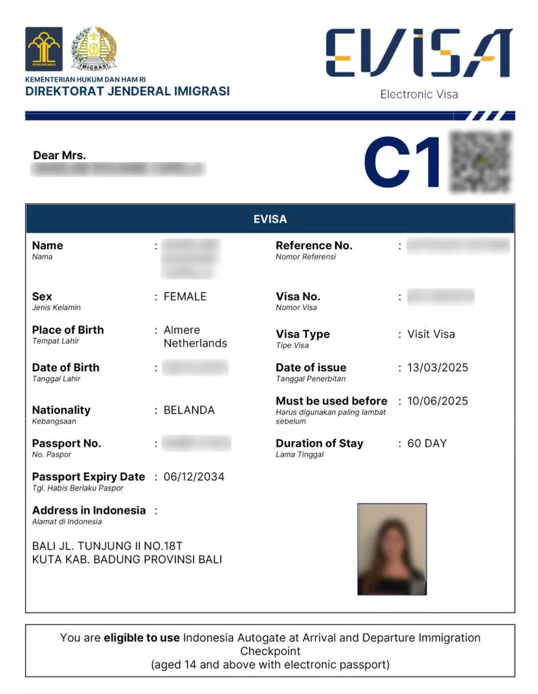 Indonesien eVisa Muster – elektronisches Visum